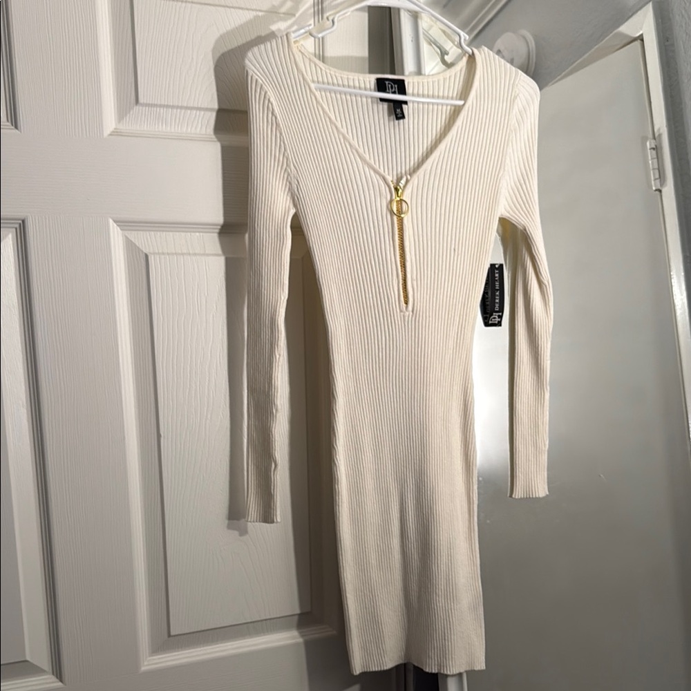 Derek Heart Cream Ribbed Bodycon Dress with V-Neck